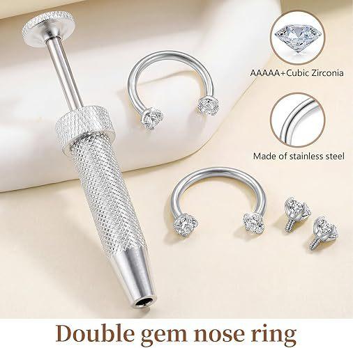 6pcs  20G(0.8mm)/18G(1.0mm) 8mm Horseshoe Nose Hoop Internally Threaded Gems Nose Ring with Free Ball Holder
