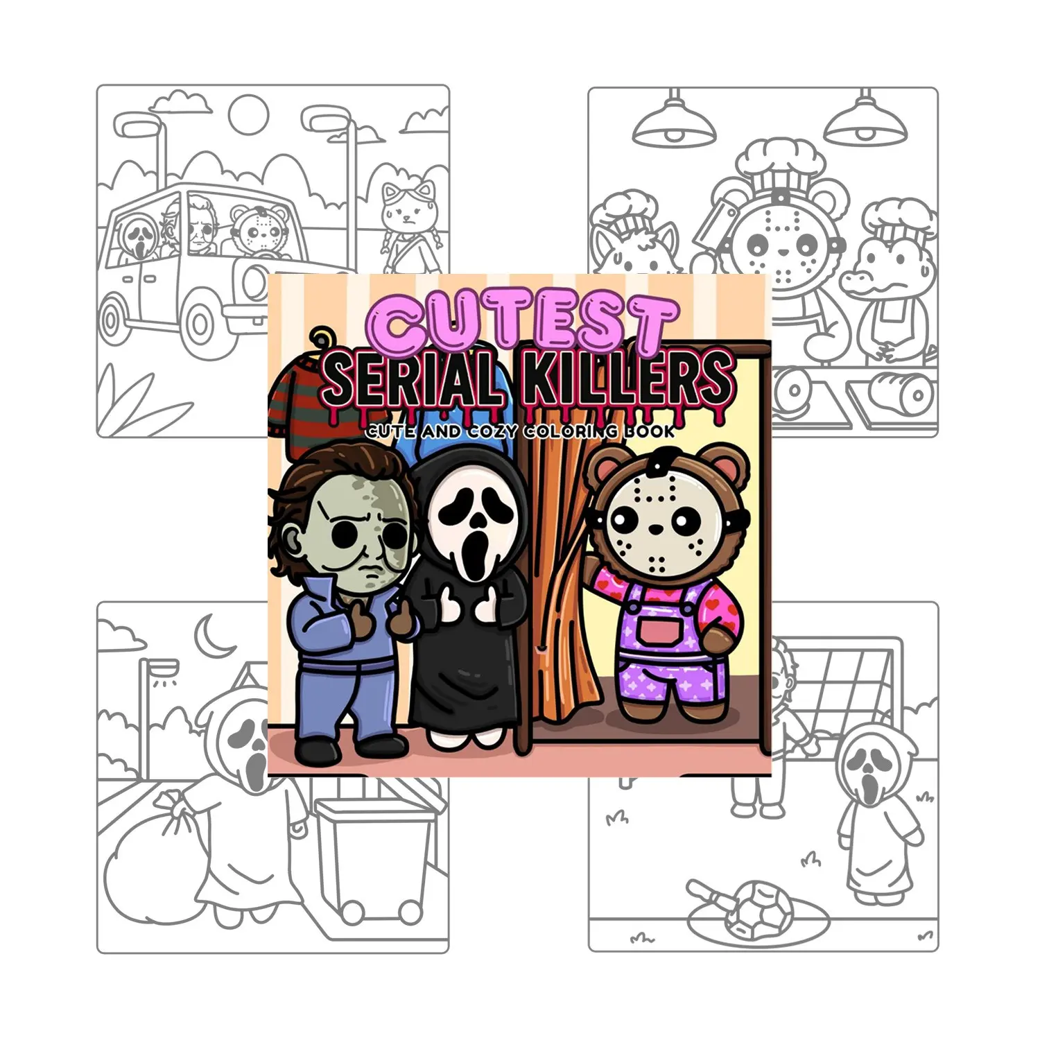 Sweet Cool Q Version Horror Characters Coloring Book, Cute Warm Killer Cartoon Line Art Album, Relaxing Stress Relief Coloring Book