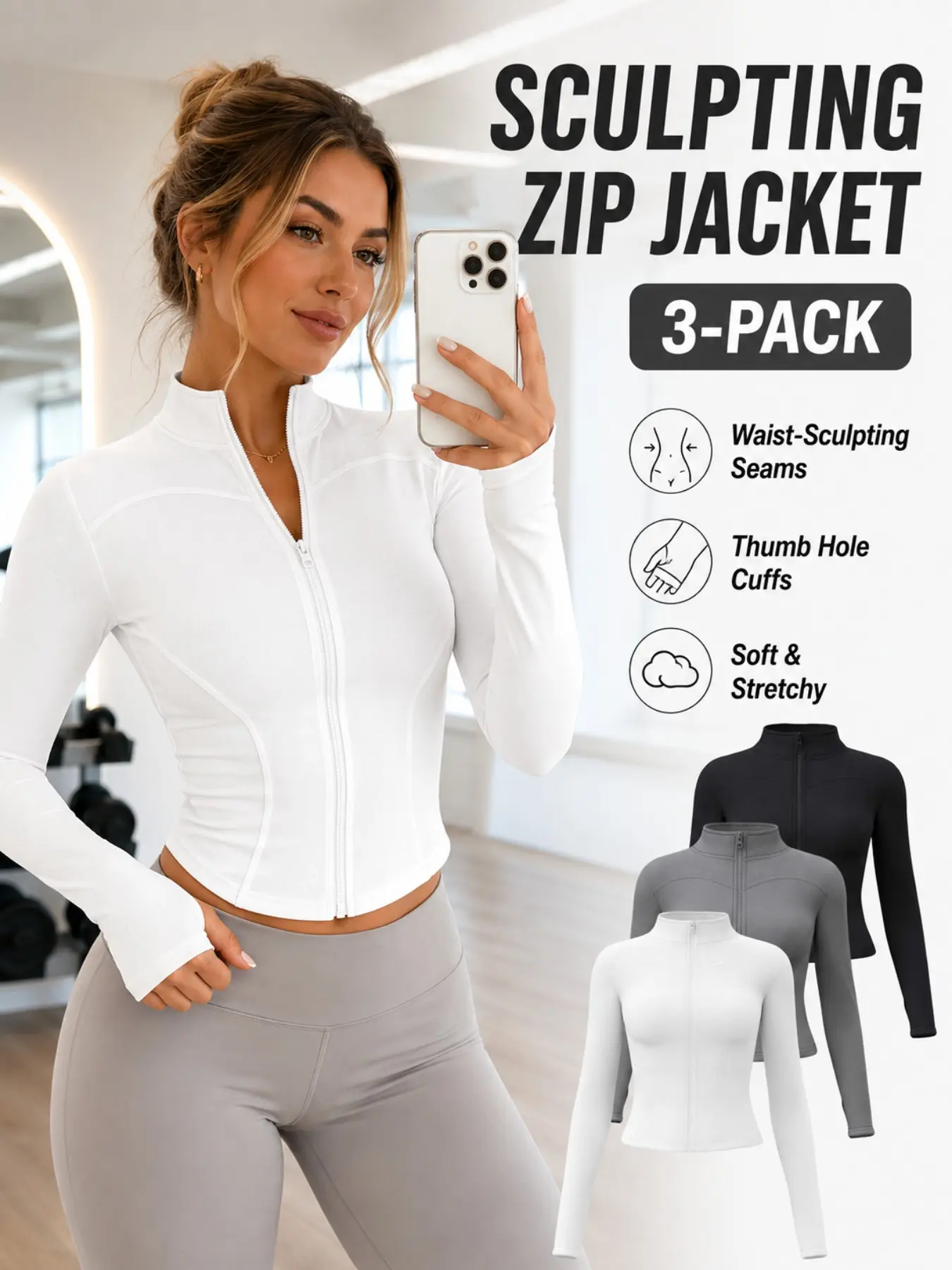 Women Slim High Stretch Zip-Up Sports Jacket, Mock Neck Long Sleeve Yoga Fitness Top with Thumb Holes, Waist-Cinching Training Coat for All Seasons, Plus Sizes S-3XL, Modest Daily Workout Outerwear Workout Jackets