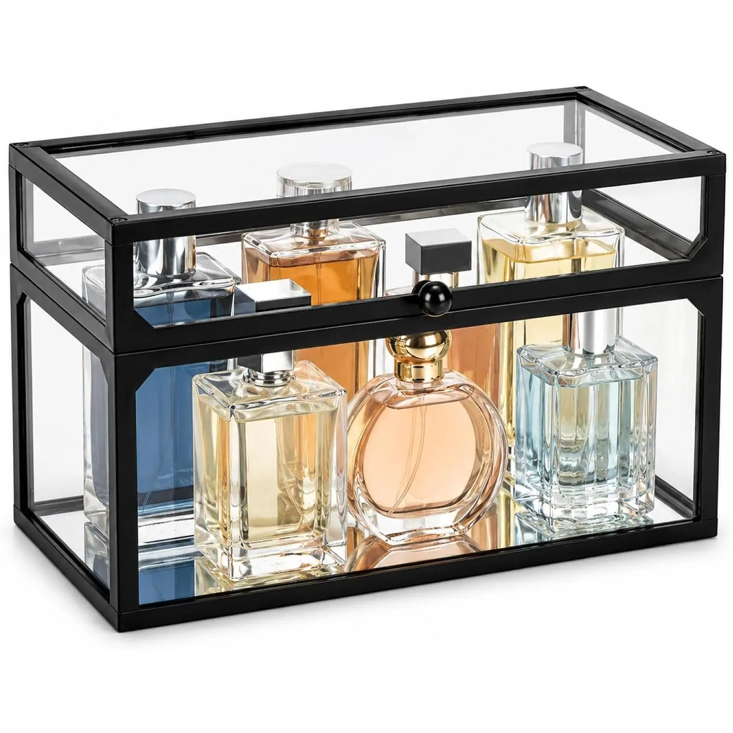 Cologne Organizer for Men, Glass Perfume Organizer Box with Flip Top Lid,  Perfume Storage Case, Clear Cologne Holder for , Bathroom Countertop, Watch, ,  Display, Black