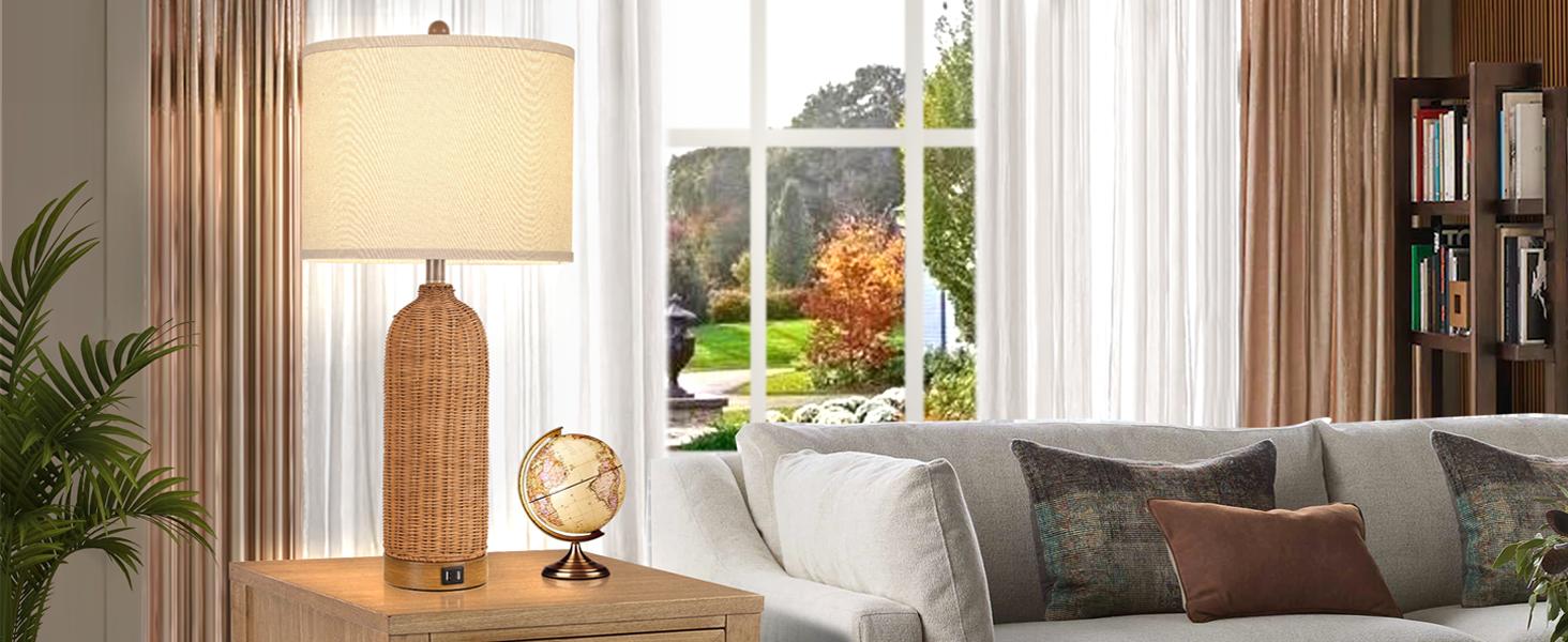 Set of 2 Rattan Table Lamps with 2 USB Ports, 29'' Tall Farmhouse Lamp for Living Room, Bedroom, Office, Vintage Brown Desk Nightstand Lamps with Oatmeal Fabric Linen Shade, Large Size