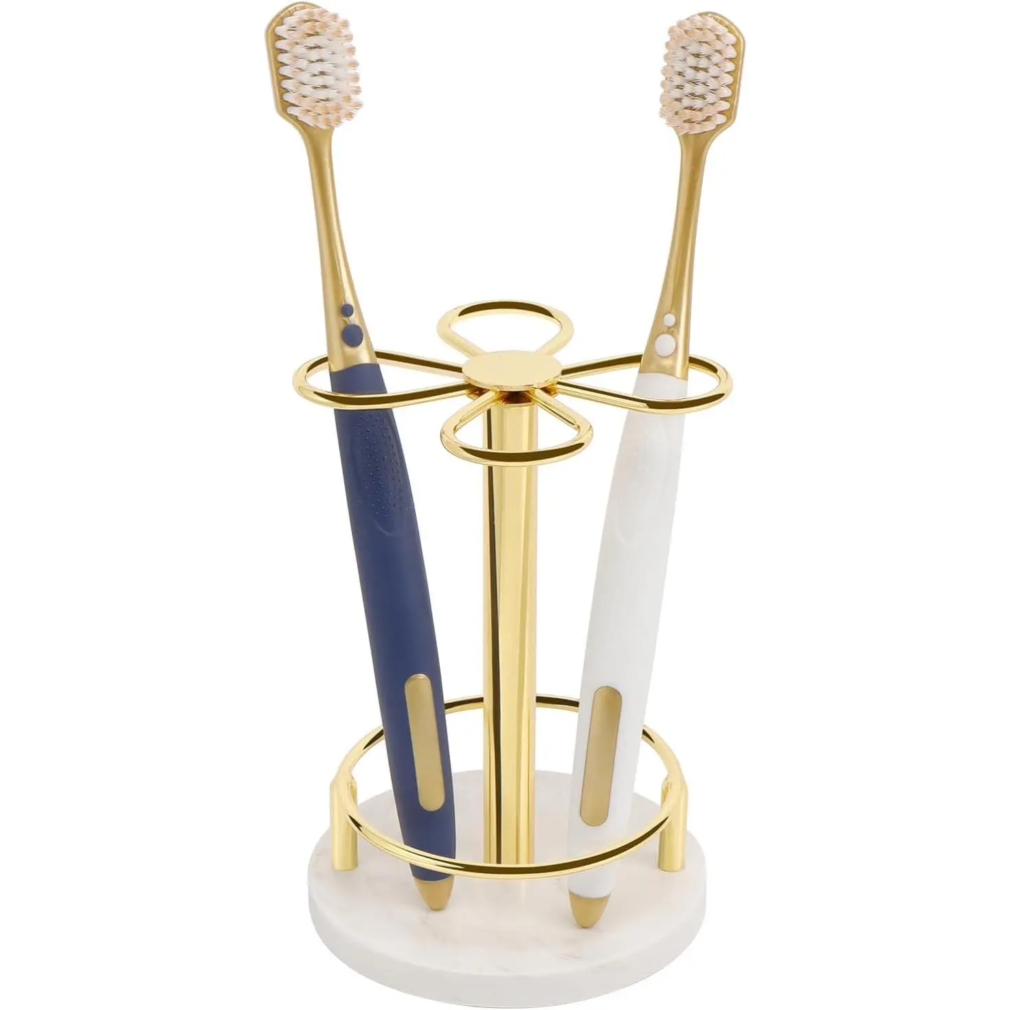 Toothbrush Holder Stand for Bathroom, Metal Toothbrush Organizer with Marble Base, Toothbrush Storage Collection for Family, Suitable for Home Hotel Countertop Vanity (Small, Gold)