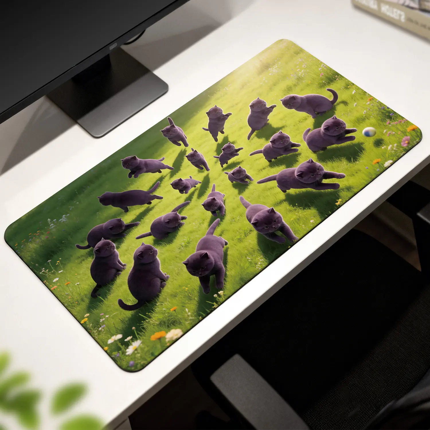 Premium Cute Fluffy Purple Kittens Playing On Grass High Quality Mouse Pad Modern Office Gaming Comfort Experience NonSlip Durable For Daily Work And Play 40*80cm 40*90cm30*70cm