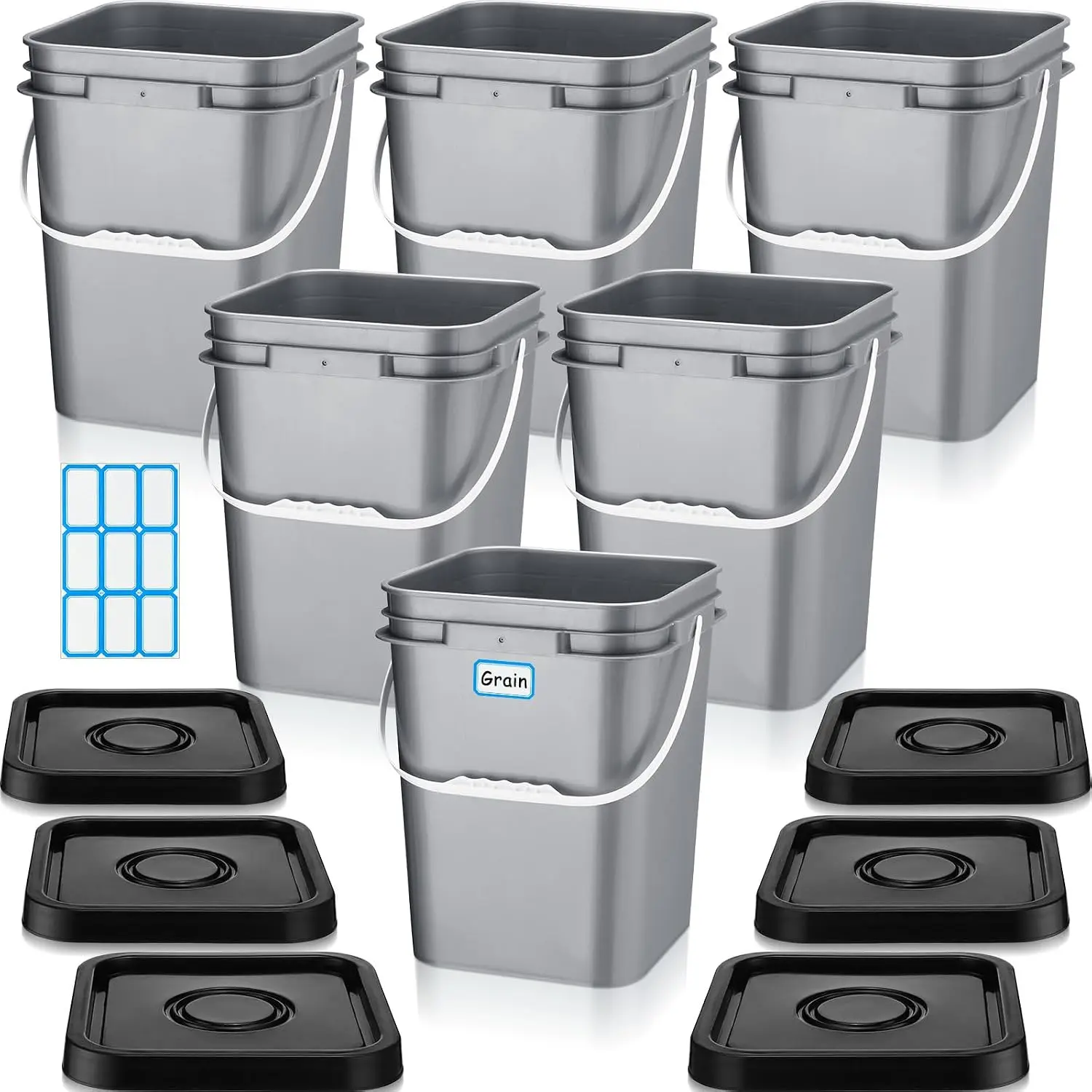 6 count 5 Gallon  Grade Square Buckets with  5 Gal Plastic  Storage Square Bucket Heavy Duty Industrial Pail Container with DIY Label Stickers Handles for Water Painting(Gray)