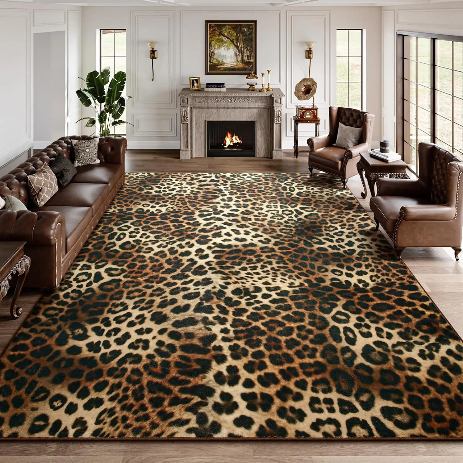 Leopard Rugs for Living Room, 4x6  Print Rug for Bedroom Decor, Washable Non-Slip Stain Resistant Faux  Throw Carpet for Dining Room Office  , Dark Brown
