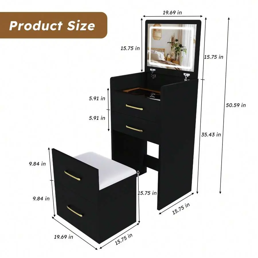 3-In-1 LED Makeup Vanity Desk With Flip Top Mirror,, Glass Desktop, Vanity Nightstand Combo With 3 Drawers, Jewelry Organizer & Storage Stool, Space-Saving Modern Dressing Table Bedroom, Black