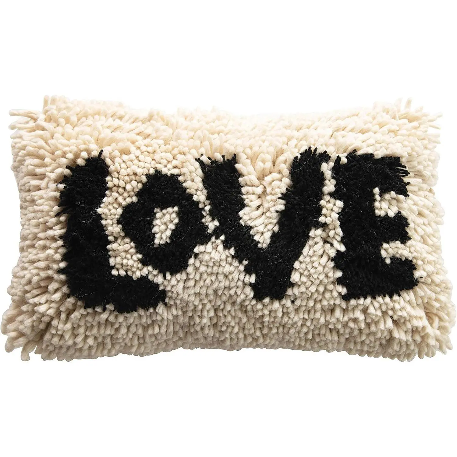Creative Co-Op Woven Wool Shag Lumbar Pillow with Love Design, Black and Cream