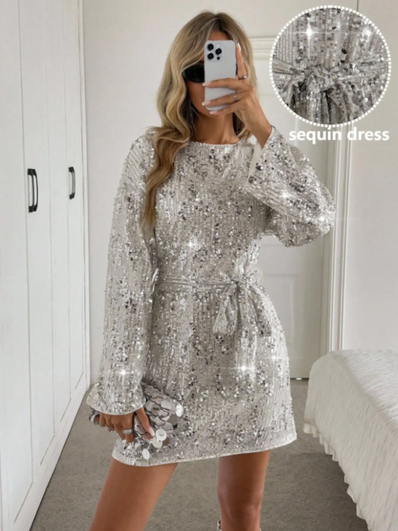 Women's Sequined Long Sleeve Short Dress, Round Neck Loose Fit with Waist Tie, Sparkly Bell Sleeve Evening Party Dress, Perfect for Night Out