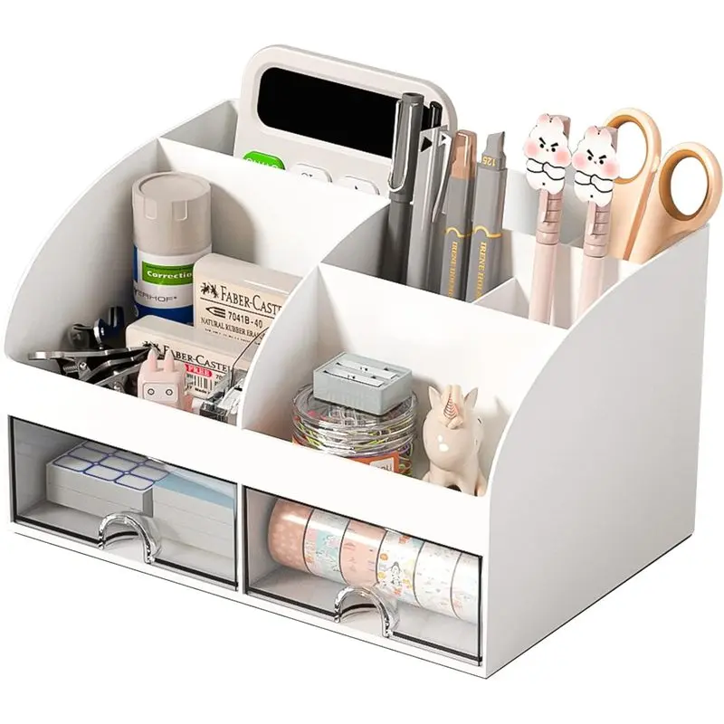 Desk Organizer with 6 Compartments and 2 Drawers, Plastic Desktop Storage Box for Pens, Makeup Brushes, Office Supplies, School & Home Organization
