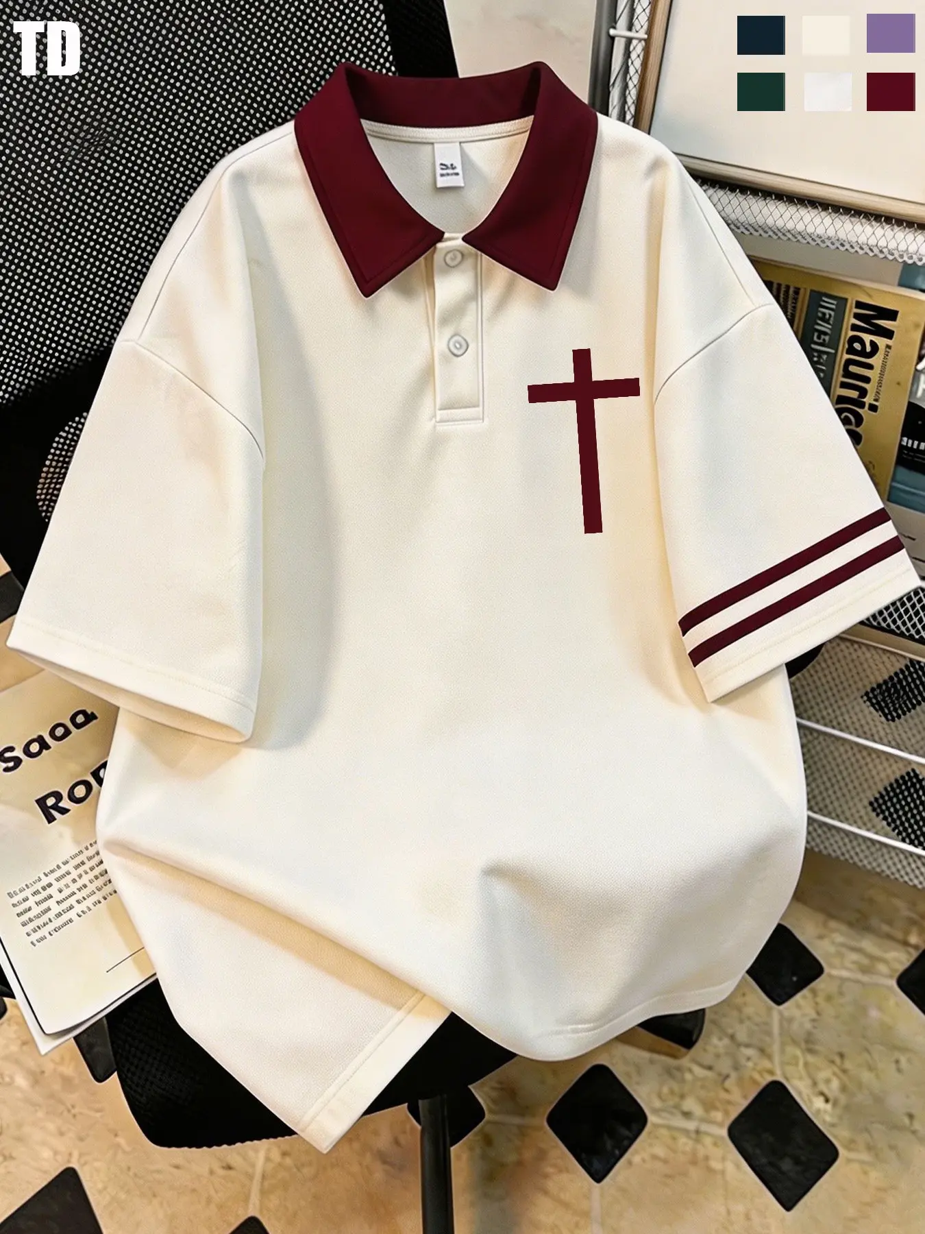 TD Men's Street Style Collared T-Shirt, Jesus Cross Print, Breathable Summer Top, Casual Blouse, Casual Knitted Polo Shirts, Multiple Colors Available