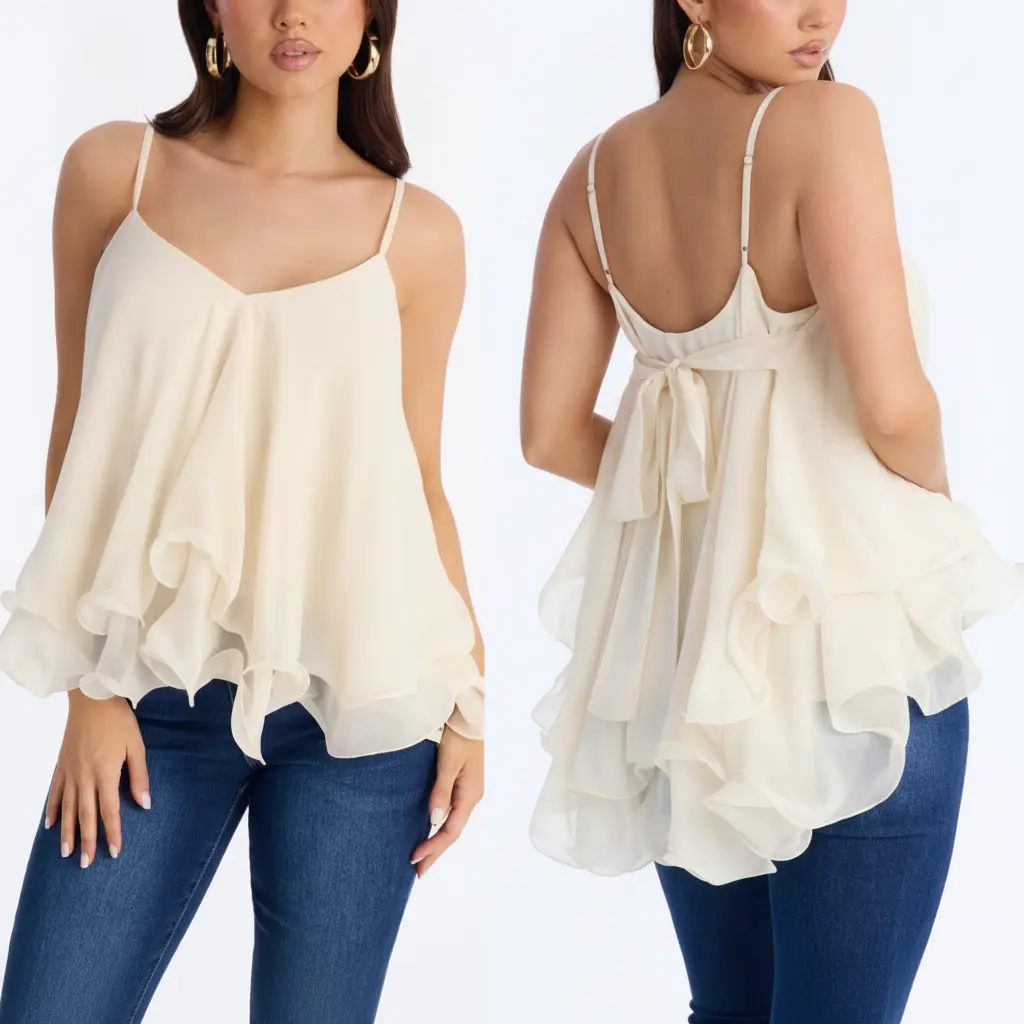Women Flowy Chiffon Cami Top, V Neck Adjustable Spaghetti Straps Tiered Ruffle Camisole, Back Self‑Tie Bow Loose Swing Blouse Shirt for Club Night Out Casual