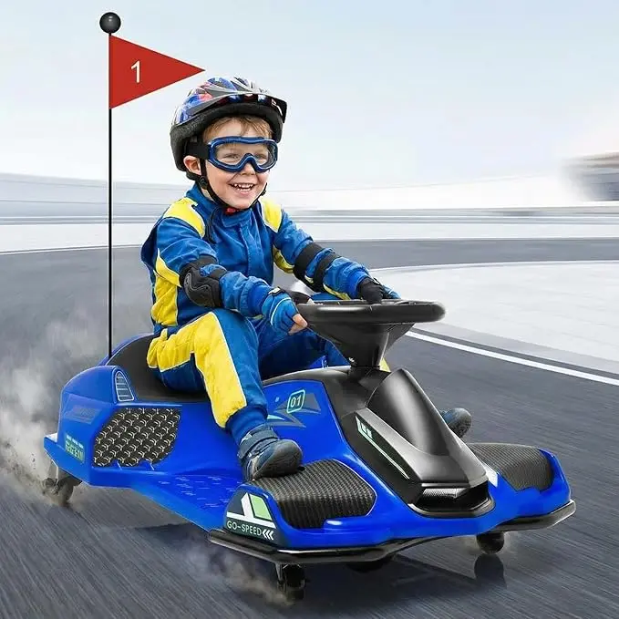 12V Drifting Car for Kids, 45W Brushless Quiet Motor, Fast 5 Mph Electric Ride on Car, Children Outdoor Riding Drifting Circling Go Kart with 5 Wheels, LED Light, Music for Teens
