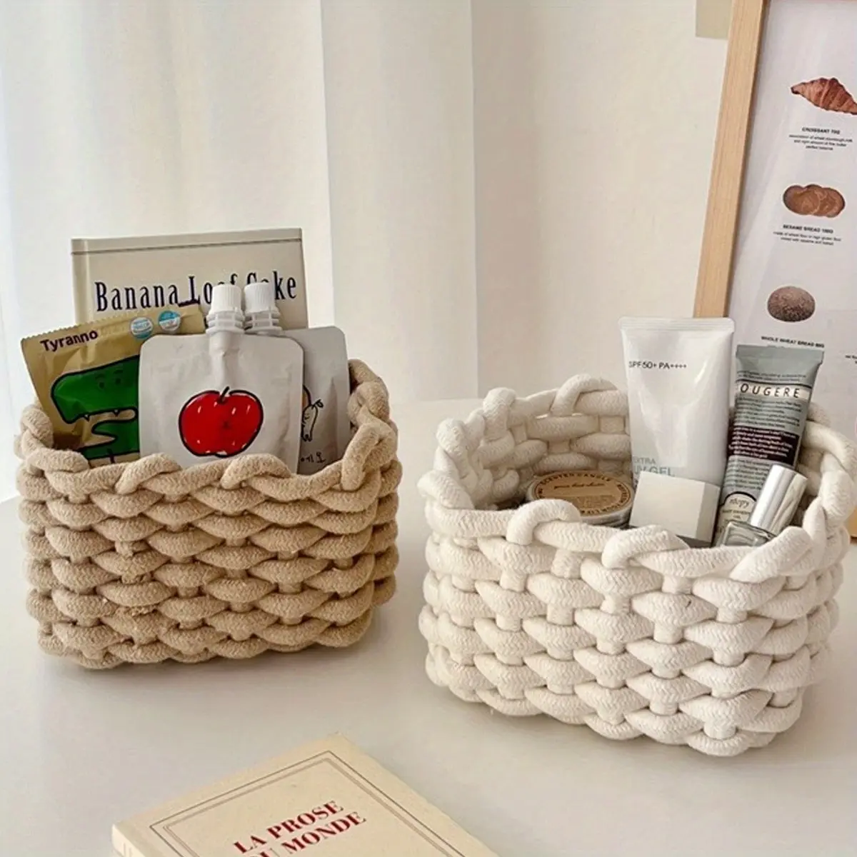 A Multifunctional Woven Storage Basket - Designed with Thick Ropes, Suitable for Organizing Your Desk, Bathroom Essentials, And Picnic Preparations, As Well As for Bathroom Storage And Organization.