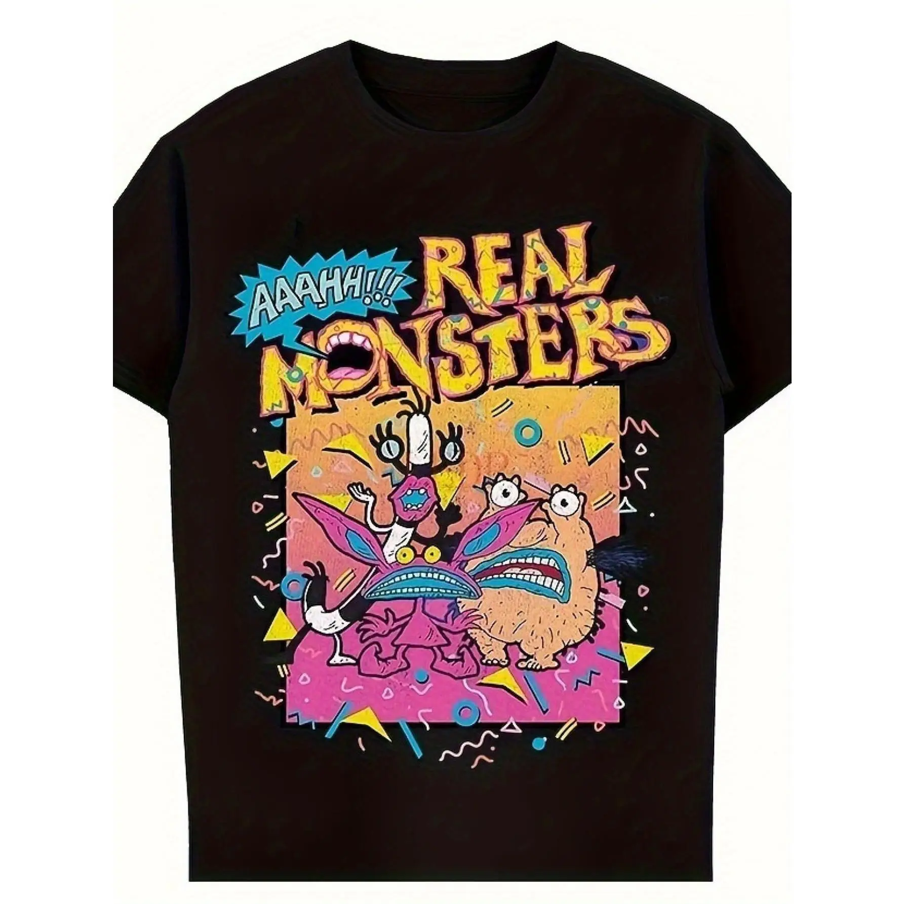 Cartoon Style Black T-shirt with 'AAAHHH!!!' and 'REAL MONSTERS' Patterns - Retro 90s Nostalgic Design with Whimsical Monsters and Colorful Geometric Shapes, Perfect for Casual Entertainment Wear, Large Size Women's Short Sleeve T, Size Optional