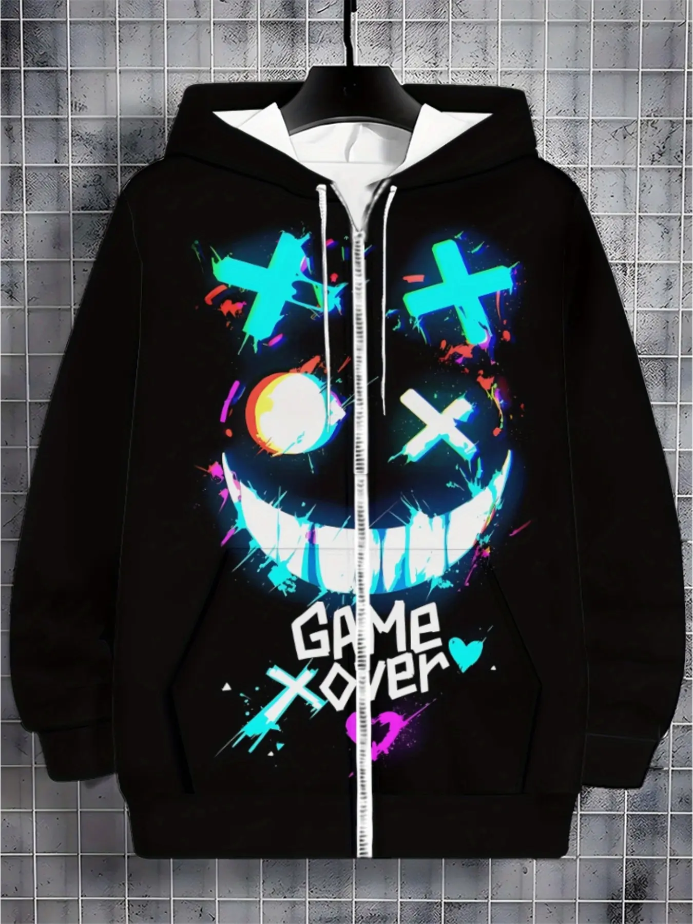 American Street Style Game over Text Graffiti Sweatshirt, Loose-Fit Hooded Zipper Pullover, Casual Fall & Winter Outerwear