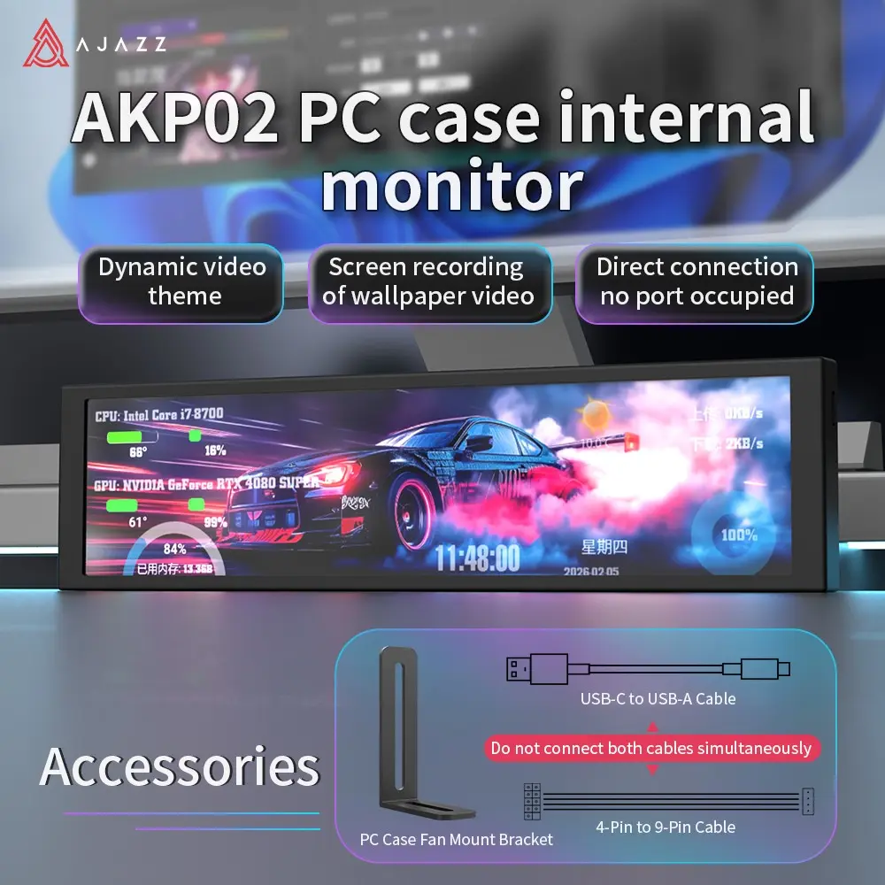 AJAZZ AKP02 computer secondary screen 9.2-inch Secondary Monitor chassis secondary screen USB-C visual theme editing custom dynamic background computer office assistant atmosphere desktop screen desktop assistant