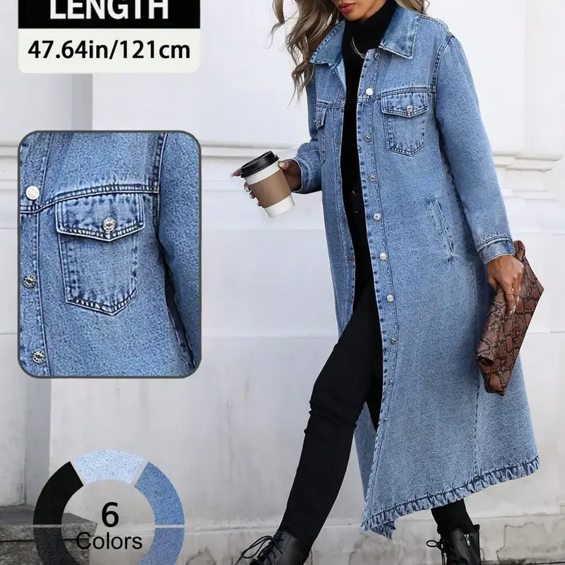 【Black Friday】Women's Basic Button Front Denim Coat, Casual Style Long Sleeve Outerwear for Spring and Autumn, Women's Clothing for Daily Wear