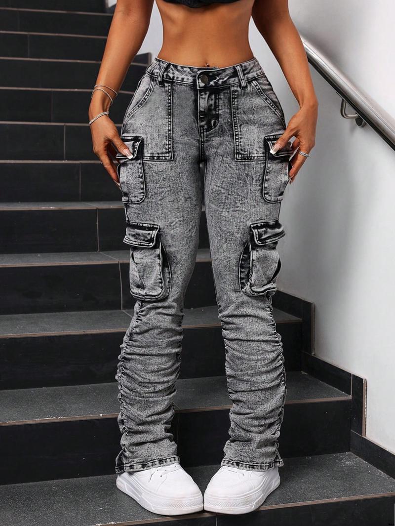 jeans style street folding pockets flap women's ICON SHEIN