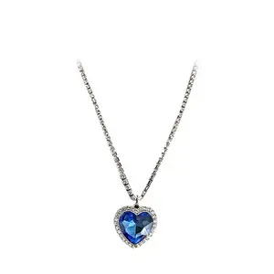 Royal Blue Crystal Heart Pendant Necklace for Women, Elegant Teardrop Jewelry Accessory for Daily Wear Parties and Gift Styling
