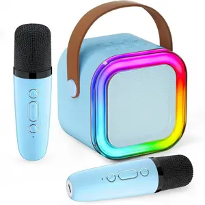 Mini Karaoke Machine, Rechargeable Portable Bluetooth 5.0 Speaker with 2 Wireless Microphones, 5 Sound Effects, Colorful Lights for Kids Outdoor & Indoor Use, Bluetooth Speakers
