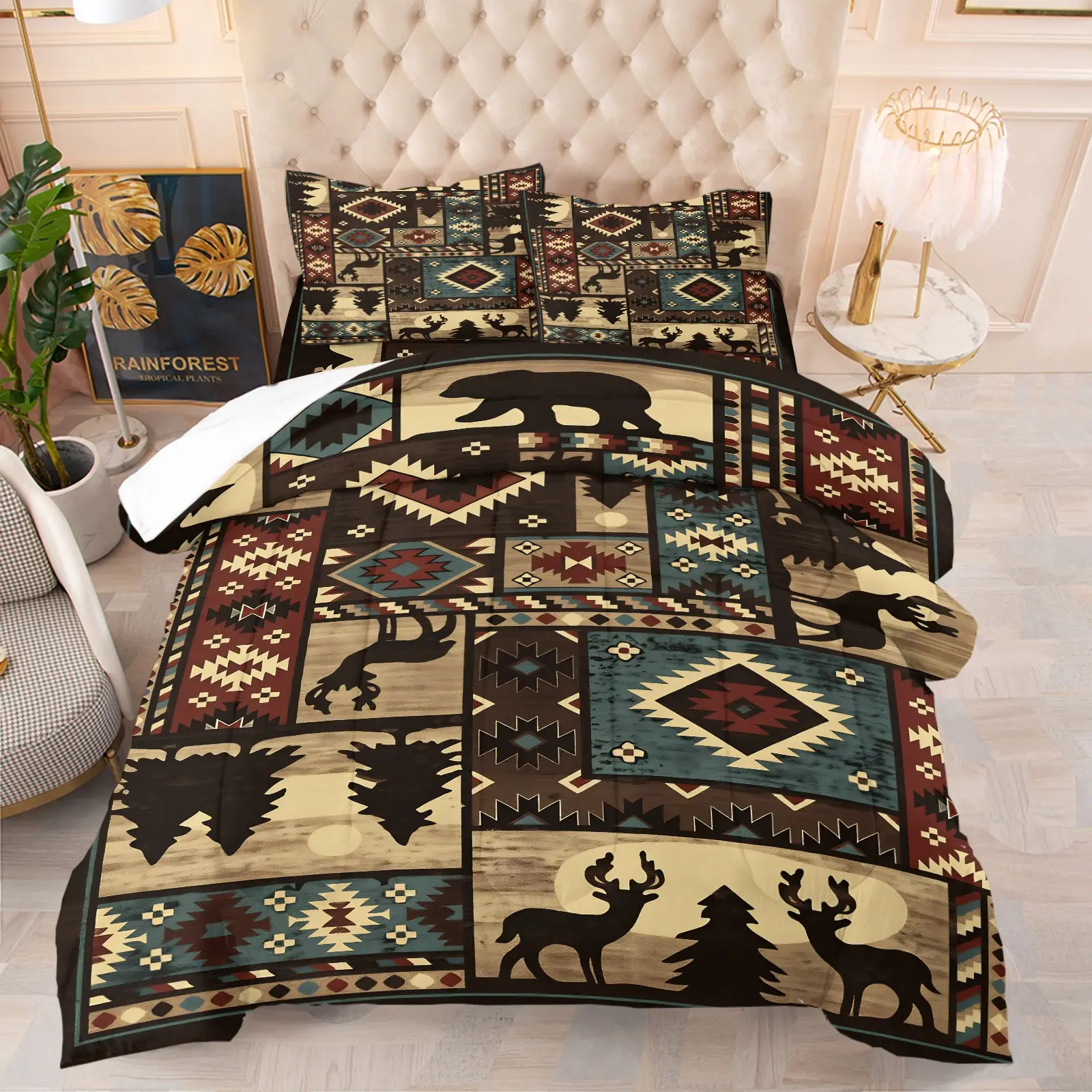 Rustic Cabin Lodge Queen Comforter Set for Kids Teens Adults,Hunting Bear Deer Bedding Set,Southwestern Aztec Duvet Insert,Farmhouse Tribal Bohemian Bed Set for All Season (Includes 1 Comforter and 1-2 Pillowcases)