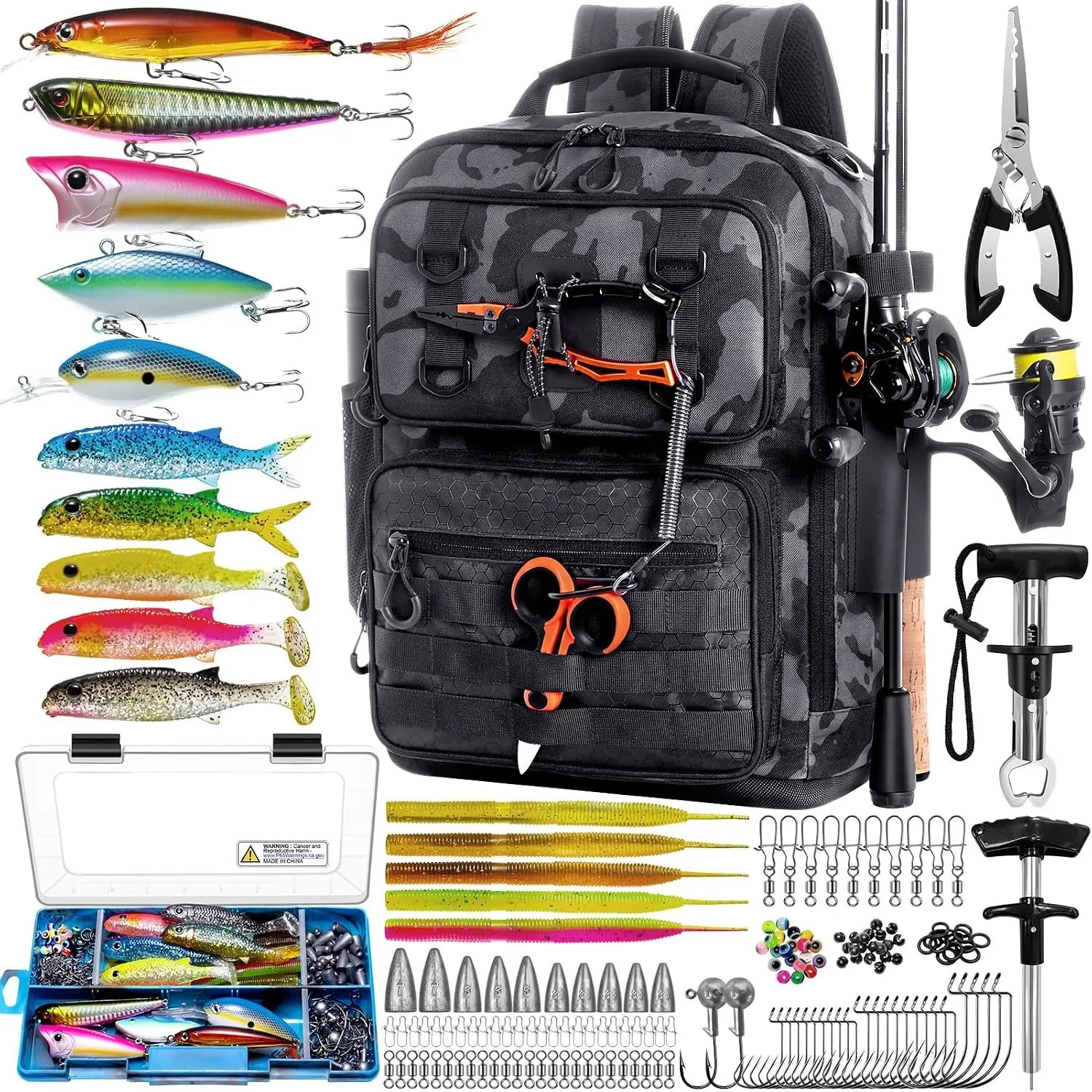 Fishing Backpack with Tackle Boxes and Rod Holders, Fishing Bag with Fishing Lure Kit Water-resistant Sling Tackle Bag Store Gear and Equipment,  Gifts for Men Woman Anglers-Camo Backpack