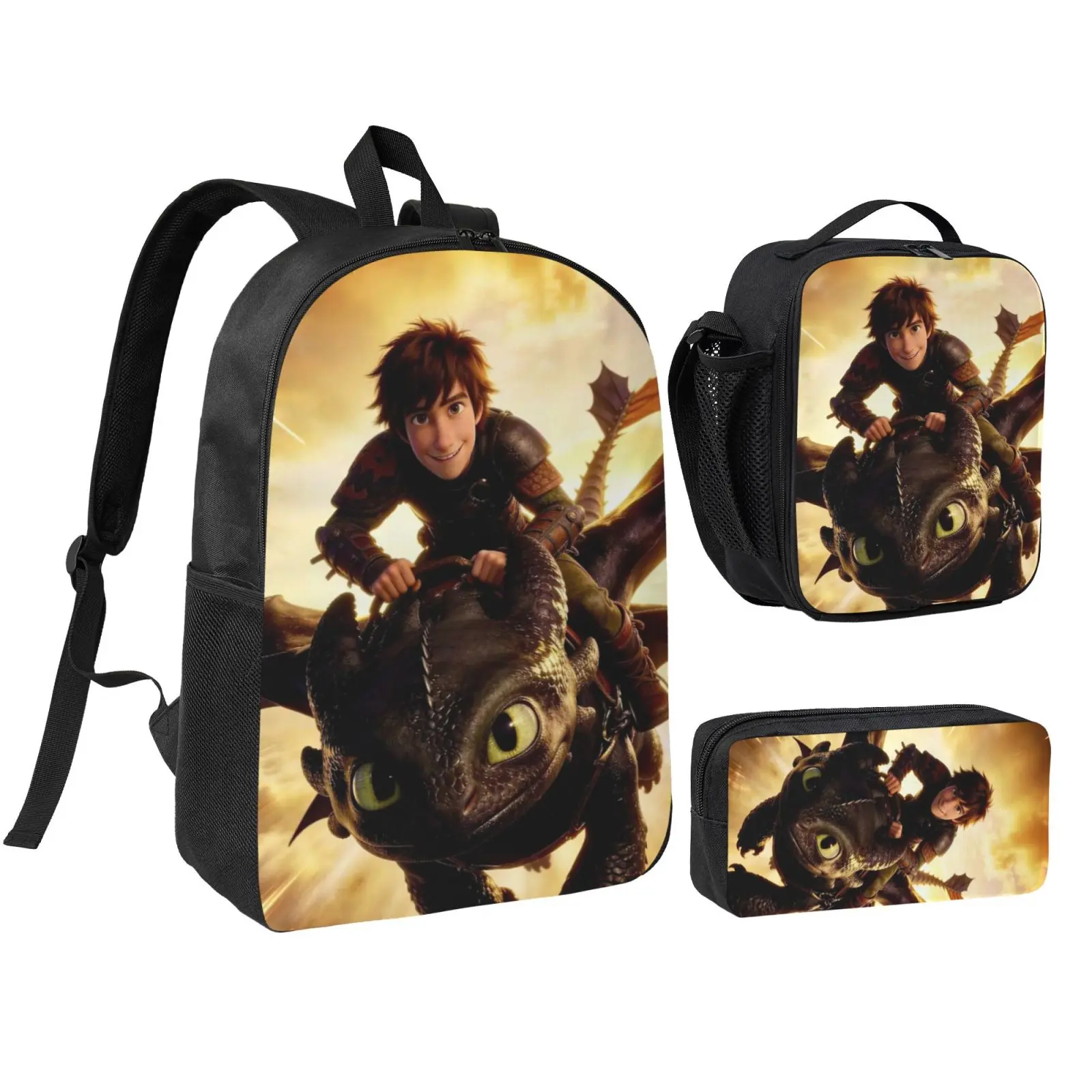 Anime Toothless4 Kids 3Pcs Multipurpose Teen Backpack Set with Adjustable Shoulder Straps, School Bookbag, Insulated Lunch Box & Pencil Bag for Boys Girls Daily School Travel Office