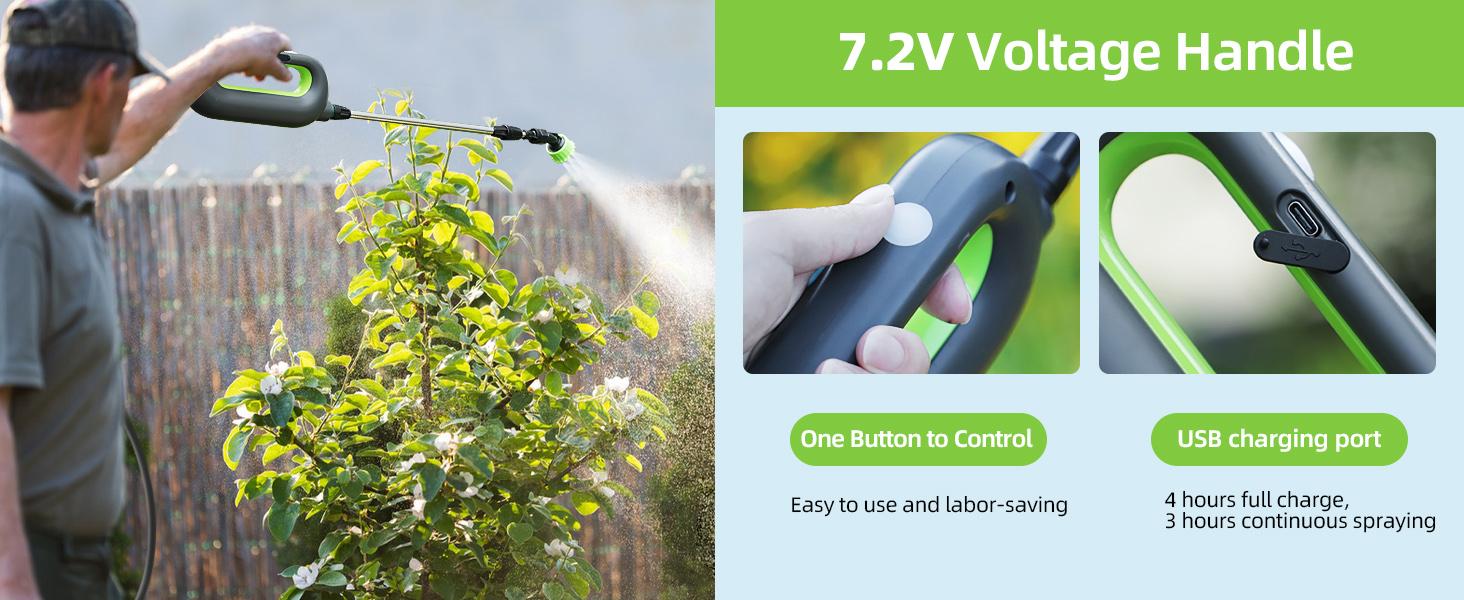 Battery Powered Sprayer Wand, Sprayer 24.5" Telescopic Wand with 20 FT Hose, 7.2V Voltage 3 Nozzles, USB-C Spray for Lawn and