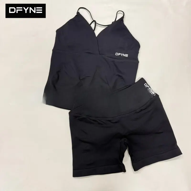 Dfyne Women's 2-Piece Seamless Workout Set: 4-Way Stretch Longline Plunge Tank Top with Built-in Bra & Crossover V-Waist Shorts for Yoga, Weightlifting, Sportswear, Technical Fabric, Athleisure