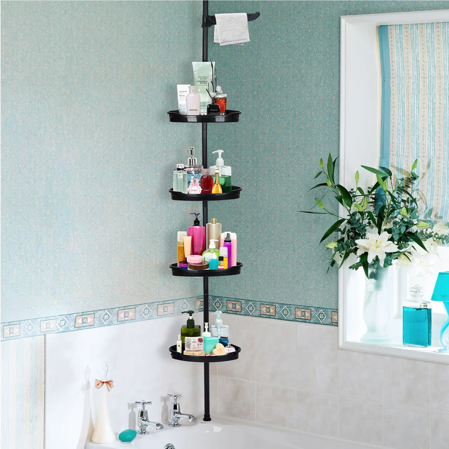 4-Tier Corner Shower Caddy Tension Pole Organizer, Space-Saving Rustproof Plastic Bathtub Shelf, Auto-Drain Trays, No-Drill Mount, Adjustable Height 39-122 Inches for Shower and Bathtub