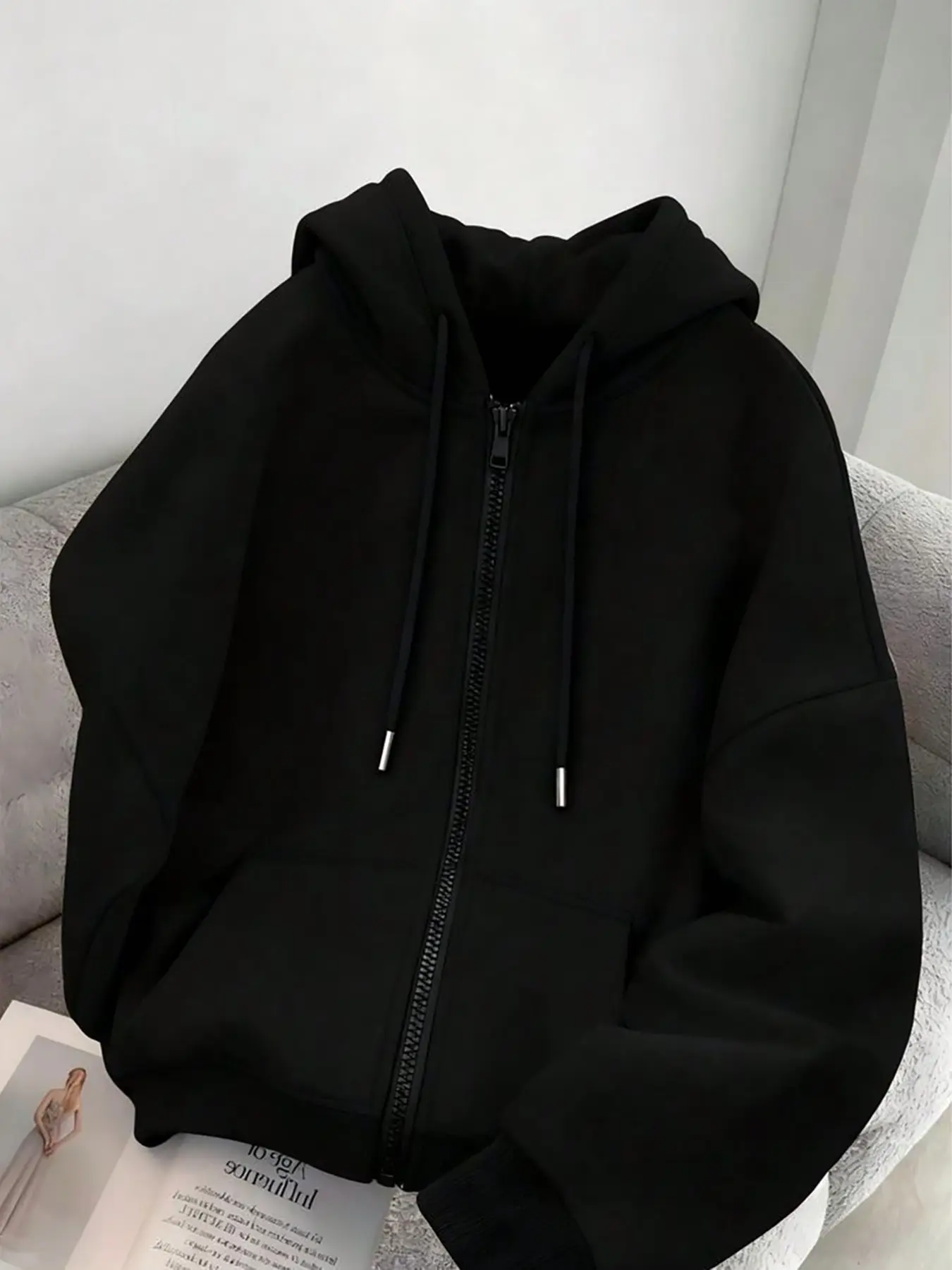 American Y2K Plain Men's Zipper Open Front Sweatshirt, Loose Fit Lazy Hooded Jacket, Streetwear Daily Commute Long Sleeve Top, Casual Hooded Sweatshirts