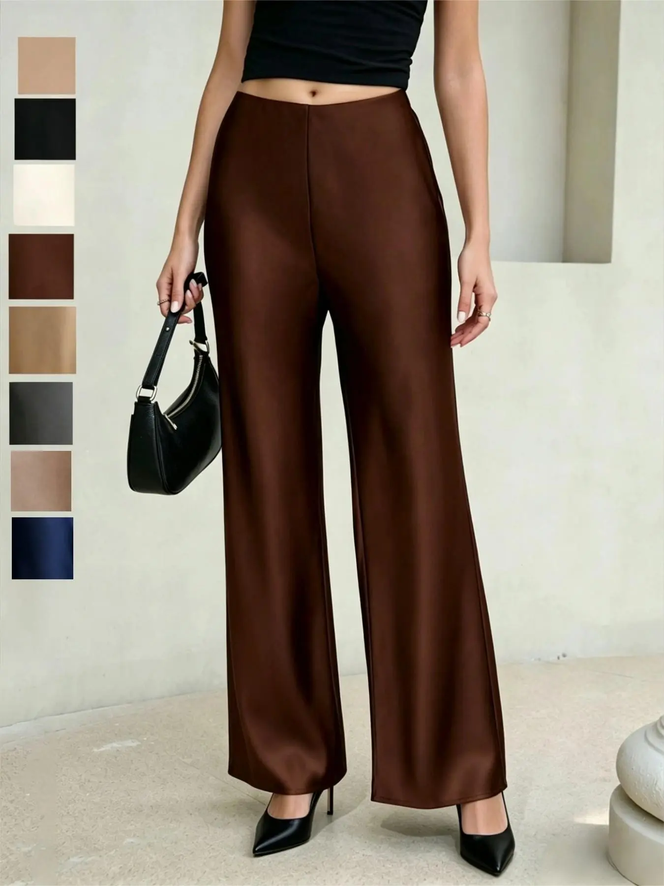 Luxury Fashion Street Style, Versatile Office Wear, Acetate Satin High-Waist Flowy Wide-Leg Pants for Women, Premium Quality