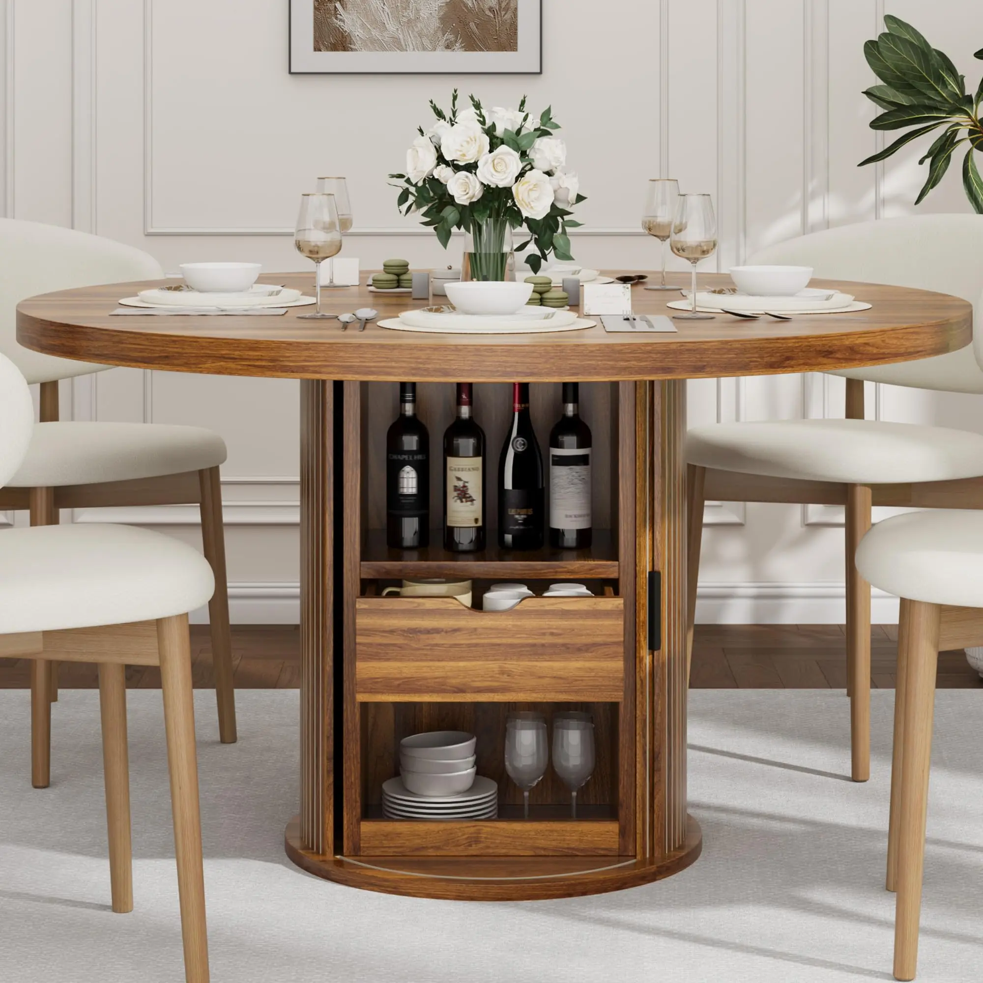Versatile Round Dining Table for 4-6 – 47" Modern Farmhouse Wooden Table with Fluted Pedestal, 2-Layer Storage Shelf & Drawer – Coffee or Dining Use, Only Table