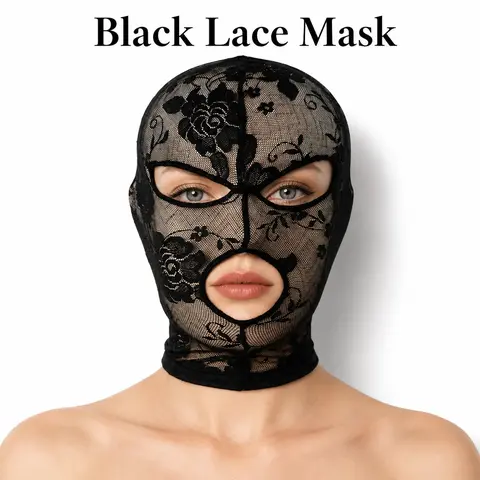 Black Gothic Lace Full Face Costume Mask, Stretch Mesh Hood with Eye & Mouth Openings for Halloween Cosplay Party