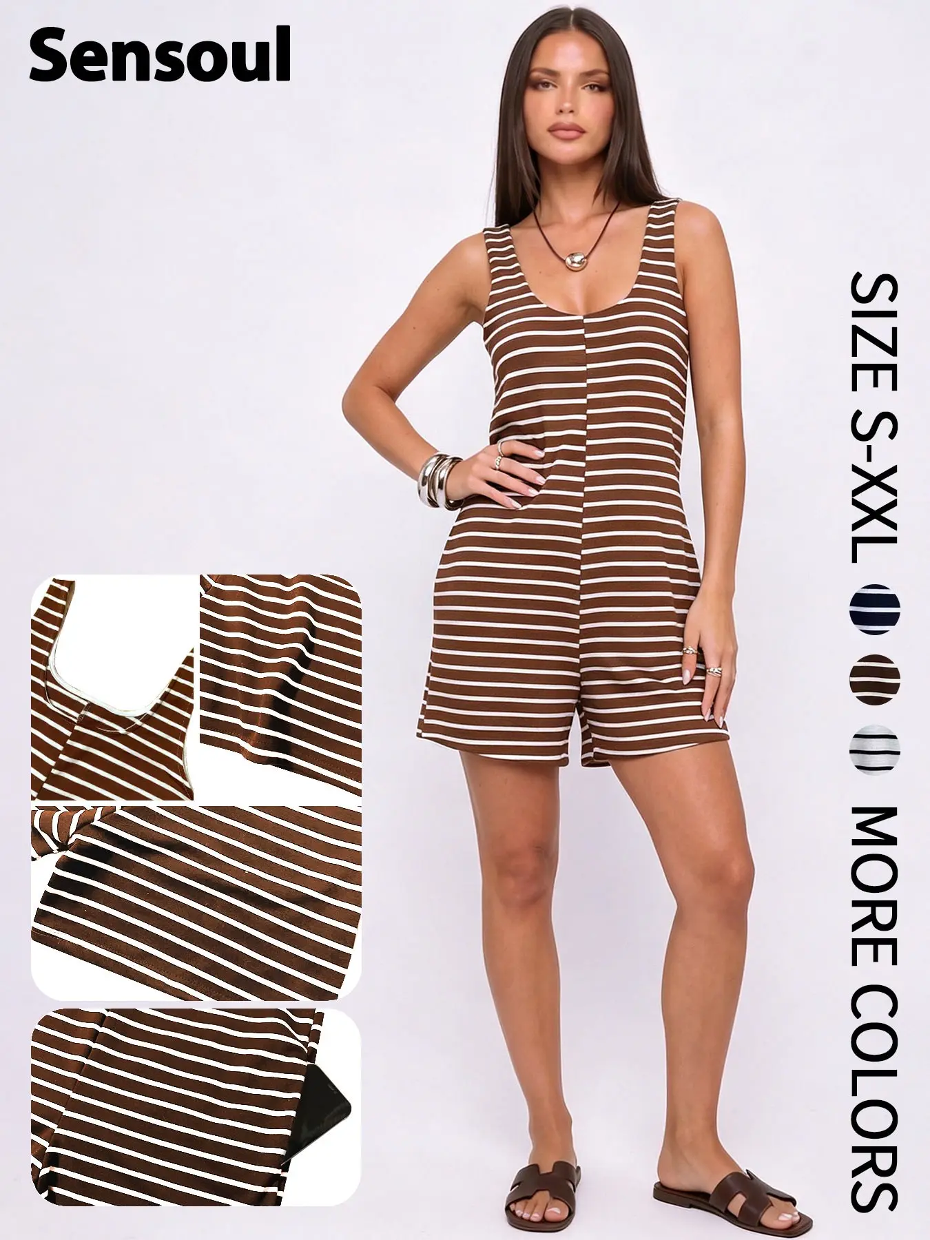 New European Style Knitted Striped Comfortable College Wind Daily Commute Versatile Sleeveless Jumpsuit Shorts Casual Jumpsuit