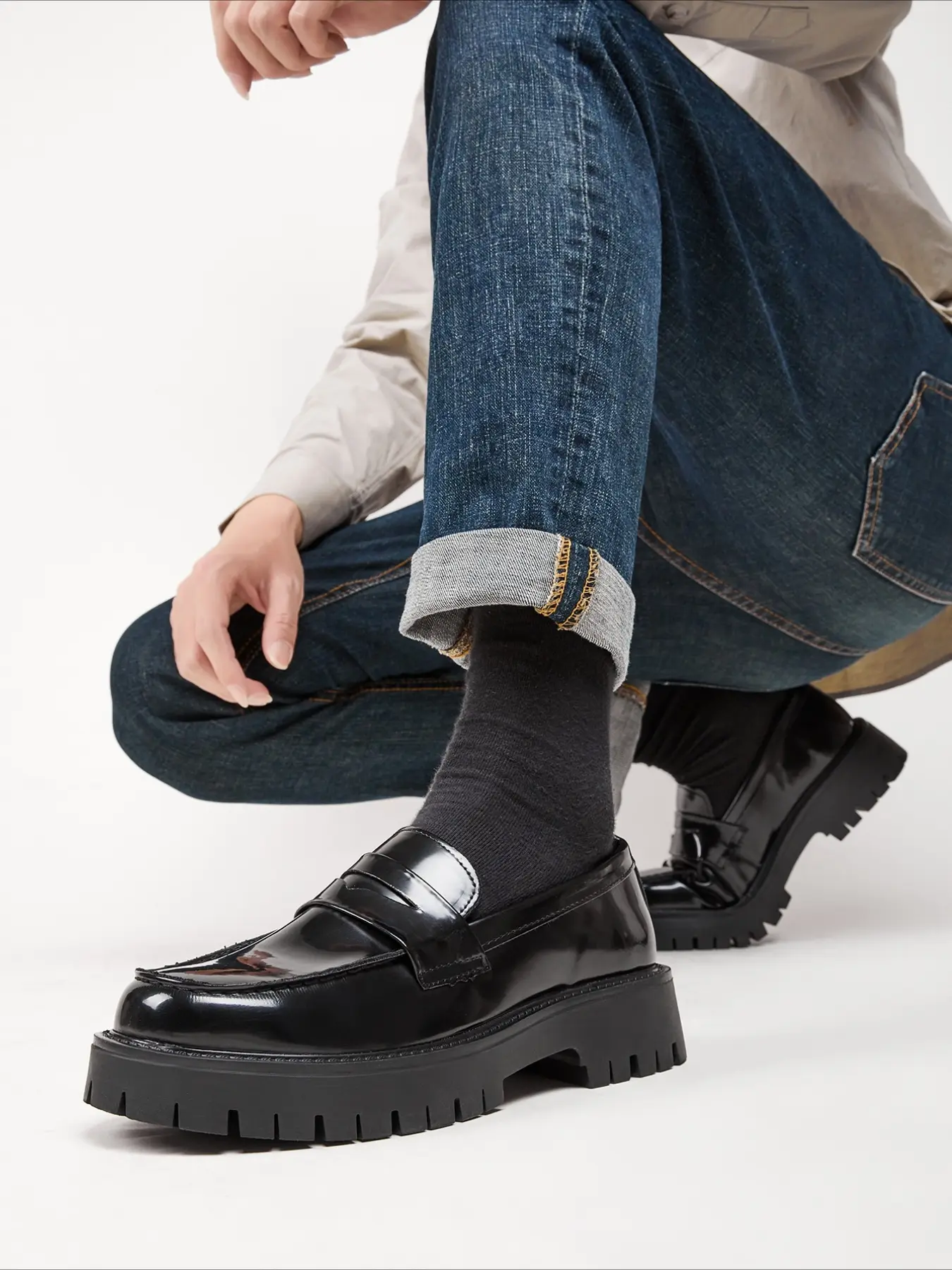 Men's Chunky Platform Penny Loafers - Patent Leather Slip-On Oxford Shoes, Non-Slip Lug Sole, Casual & Business Work Footwear