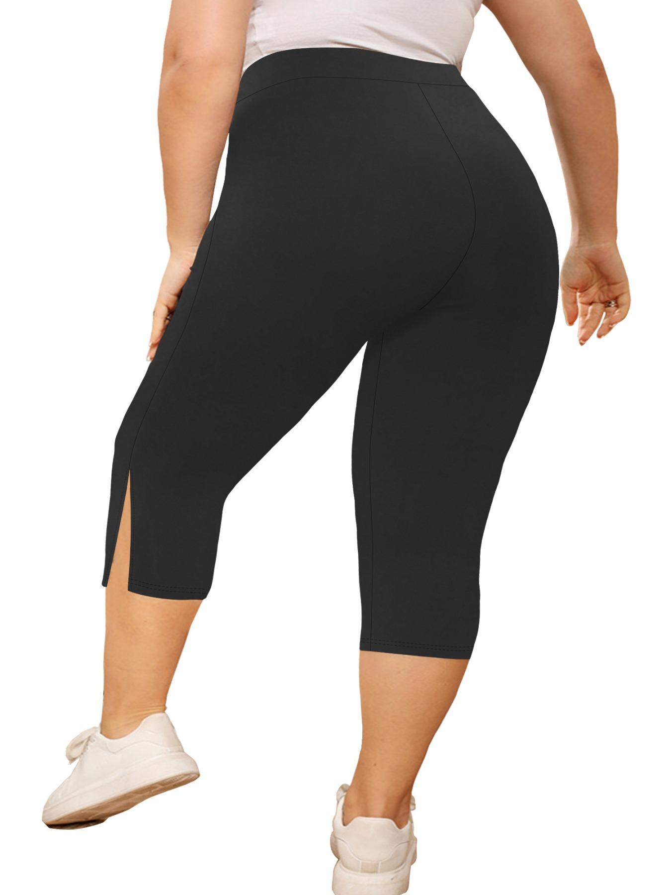 Plus Size Split Hem High Waist Capris Leggings, Casual Comfy Breathable Skinny Capris Pants for Yoga Gym Workout, Women's Bottoms for Summer