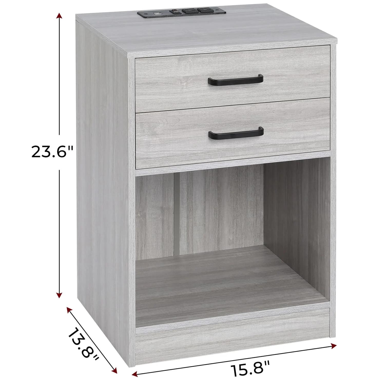 Sikaic 2Pcs Nightstand with Charging Station Modern Bedside Table with 2 Drawers and Open Storage Shelf for Bedroom