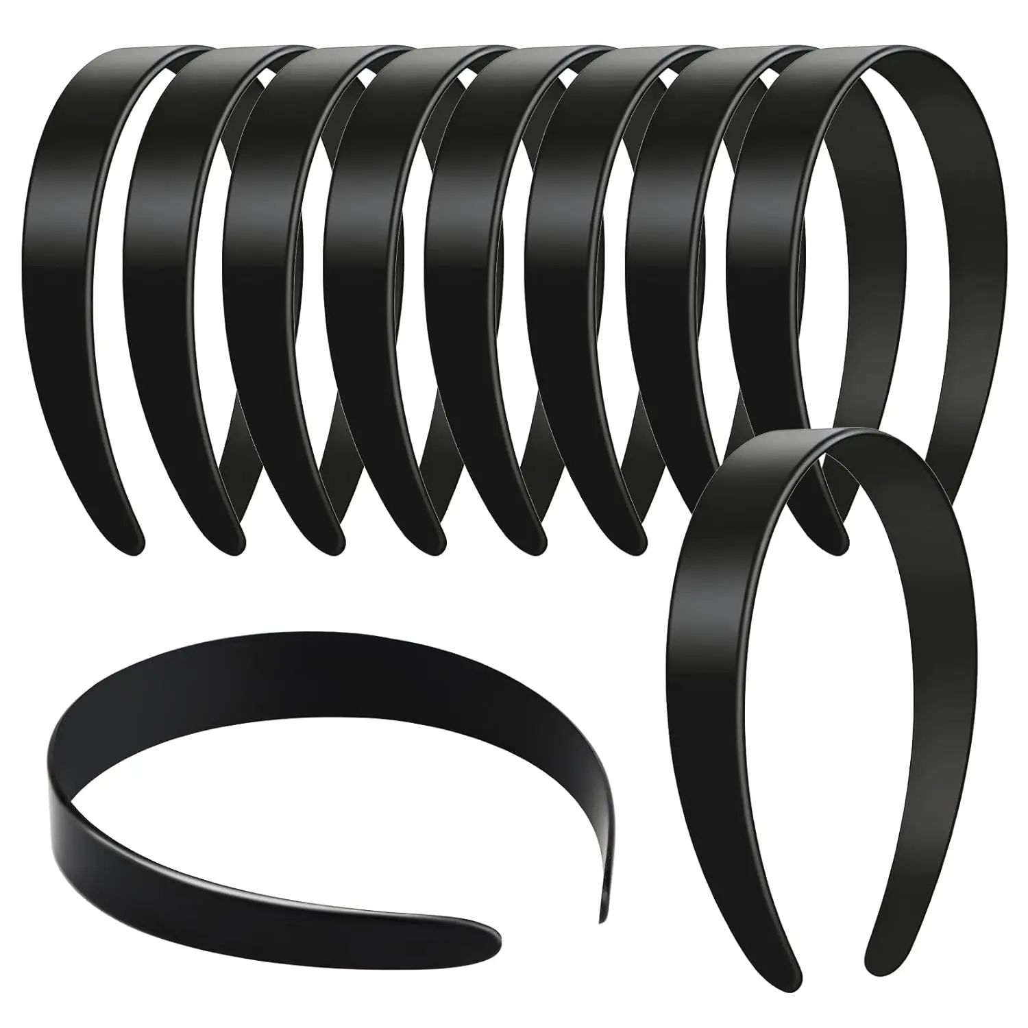 Girls & Women's 12-Count 1-In Wide Black Plastic Headbands - Bendable Round Band with Elasticity, Blank DIY Plain Headbands for Diy Crafts