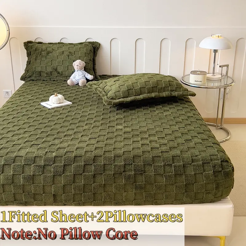 3-Piece Bedding Set, Milk Velvet Mattress Protector, Thickened Warm Pillowcases, Full Coverage Elastic Bed Skirt, Suitable for Bedroom Hotel