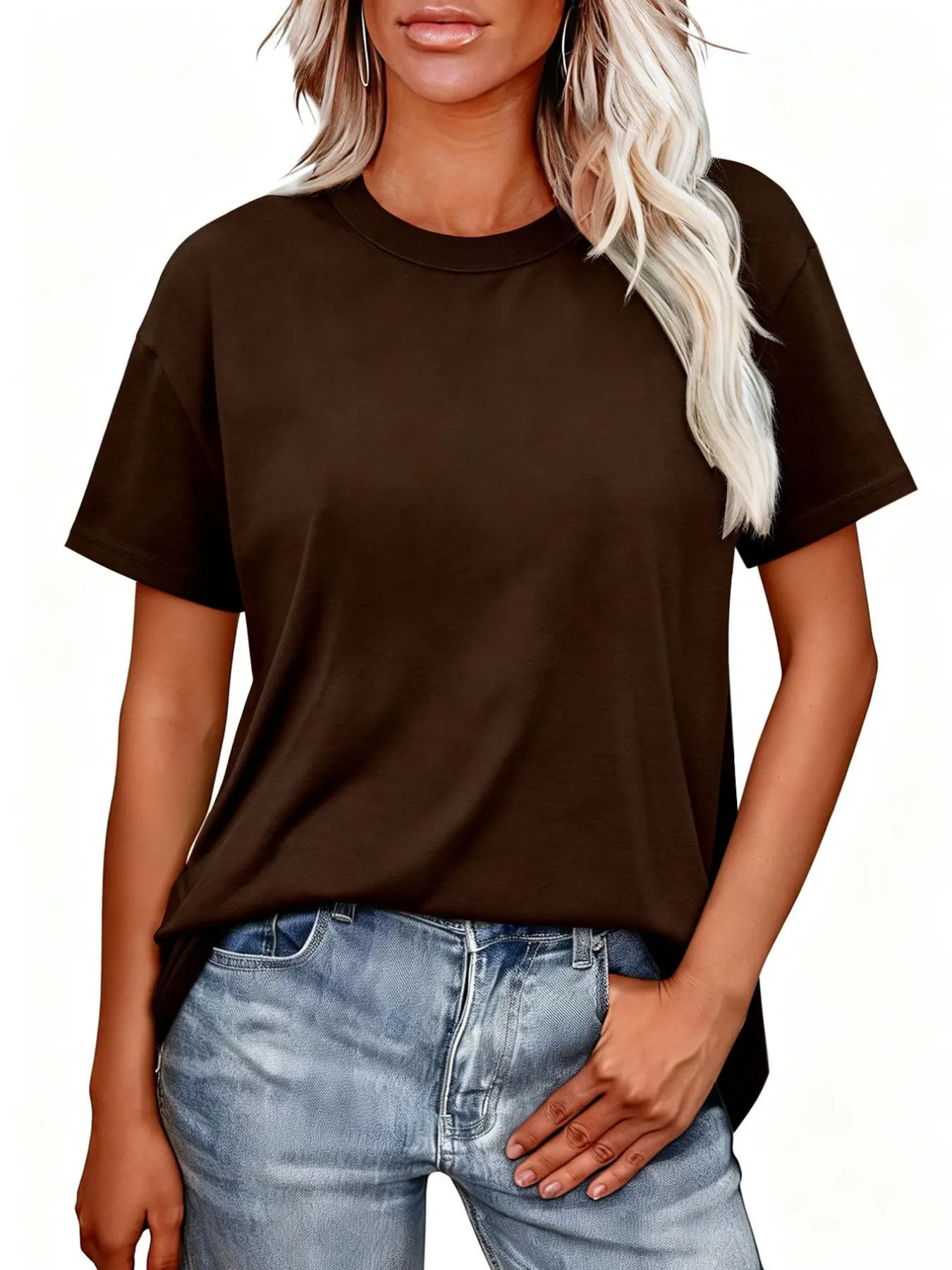 1 piece, T-shirt new ladies solid color casual T-shirt loose short sleeve bottoming shirt, sky blue white yellow apricot rose red forehead dark gray brown black can choose