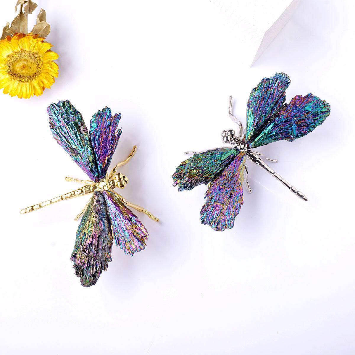 Natural Crystal Stone Electroplating Colorful Tourmaline Flame Feather, 1 Count DIY Dragonfly Animal Divination Decoration, Home Decoration, Crystal Butterfly