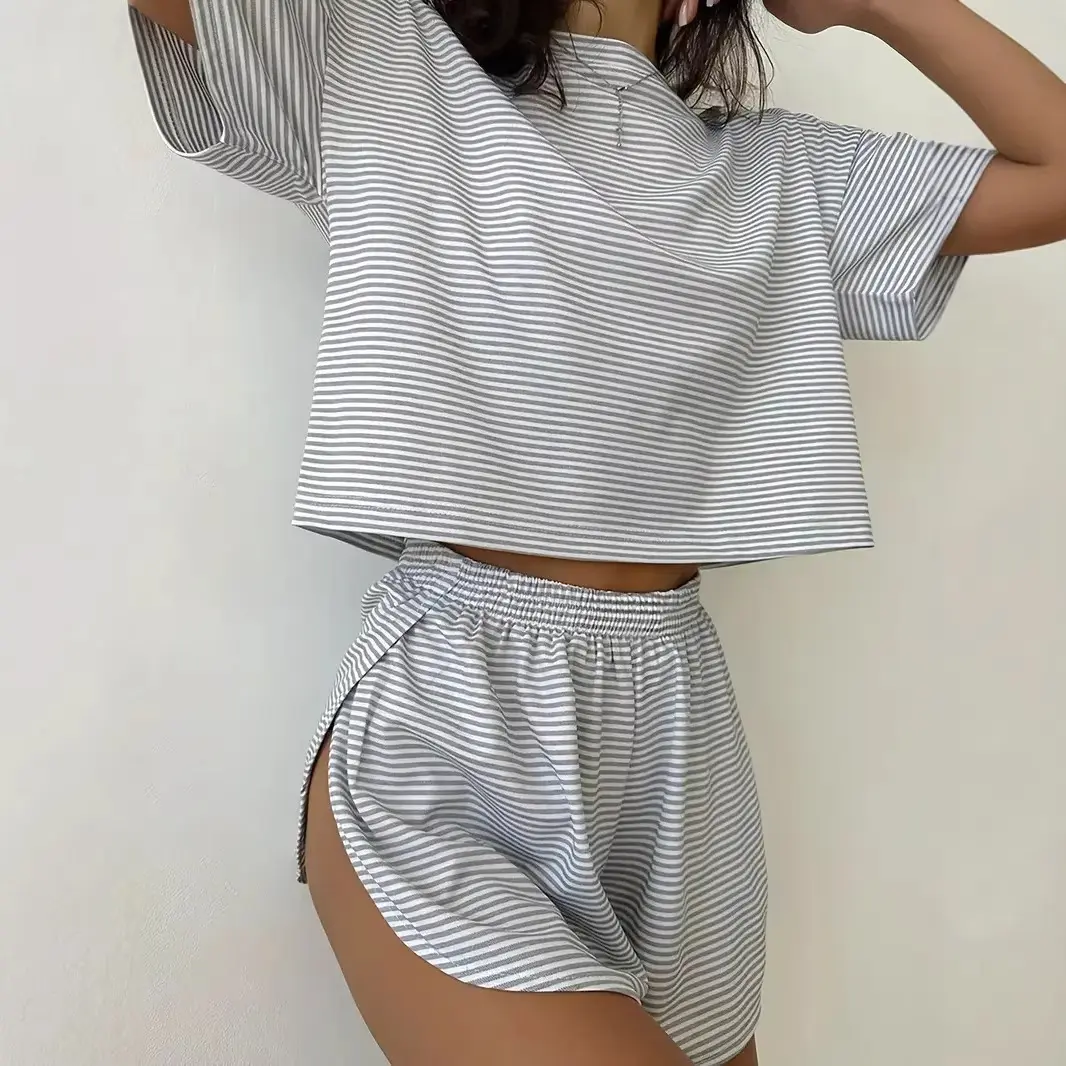 Women’s Knit Lounge Set, Short Sleeve Top and Shorts Two Piece Pajama Set, Comfortable Summer Homewear Outfit for Daily Wear