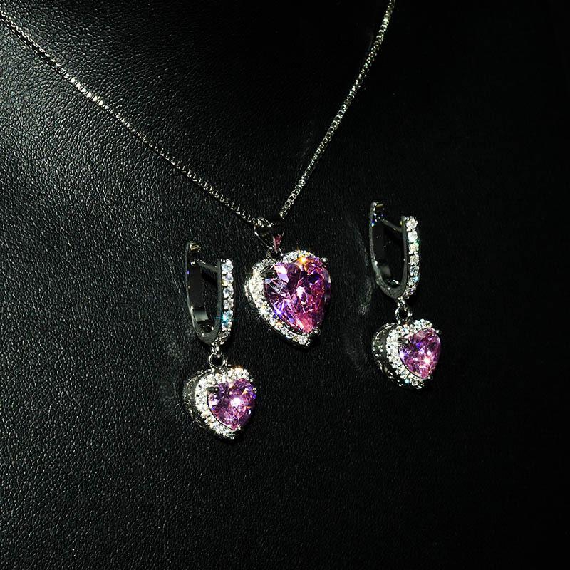 Heart-shaped pink diamond pendant, luxurious full-diamond pink crystal set, open ring and earrings