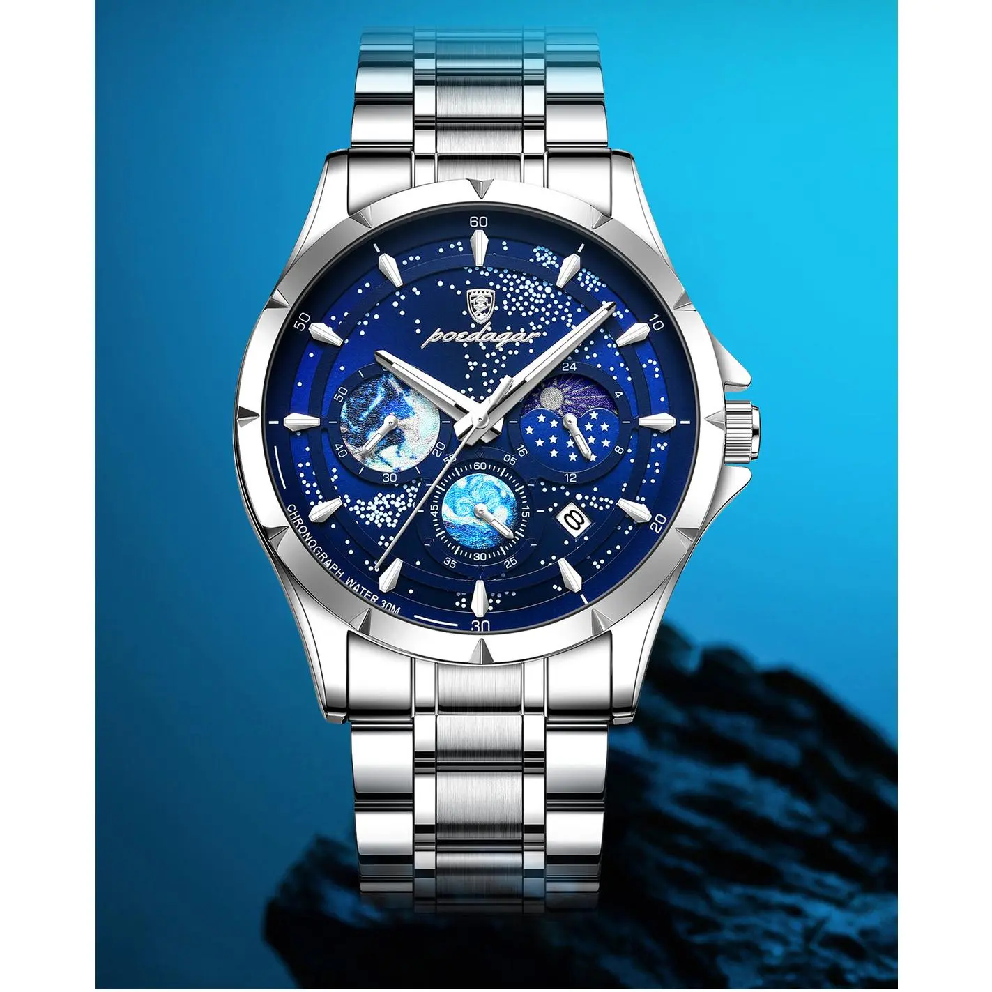 Men's Ultra-Slim Sports Watch - 42mm Chronograph Quartz Watch, Onion Crown, Luminous Moon Phase, Tachymeter, 50M Water Resistant, Stainless Steel Band, Round Face Men's Ultra-Slim Sports Watch - 42mm Chronograph Quartz Watch, Onion Crown, Luminous Moon Phase, Tachymeter, 50M Water Resistant, Stainless Steel Band, Round Face