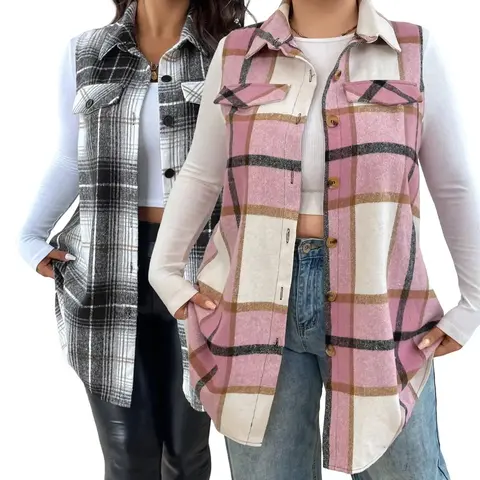 Plus Size Women's Plaid Casual Vest Jacket (fake Pockets), Button Front, Fitted Sleeveless Design, Fall & Winter Fashion, Button Down Vest