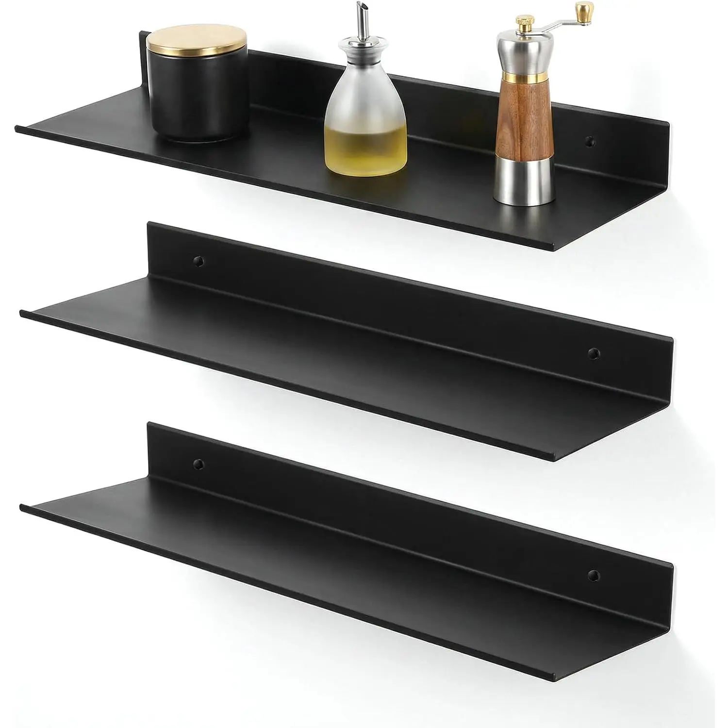 3-Piece Decorative Black Metal Adhesive Floating Wall Shelf Set - 15.7in Rectangular, No-Drilling Household Installation, Rustproof Waterproof Aluminum Organizer for Bathroom, Living Room