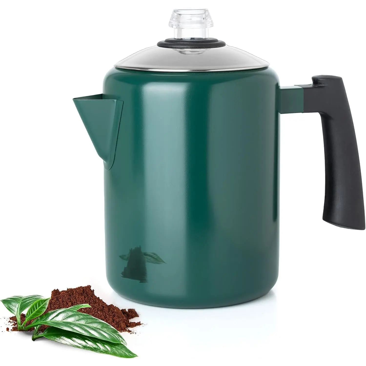 5-8 Cup Coffee Percolator Stovetop, Stainless Steel Coffee Pot | 37 oz green stainless steel percolator coffee pot for camping or  use, with cool- handle and clear  knob