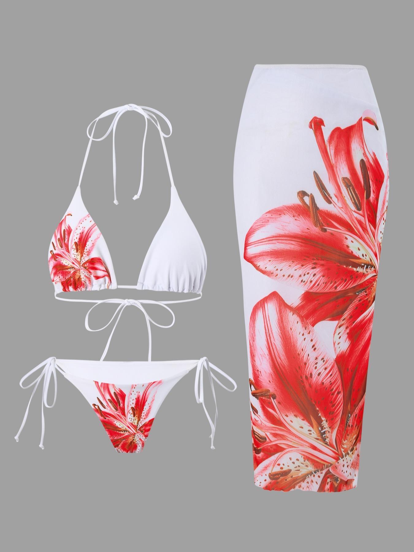 Women's Floral Print Halter Bikini Set, Tie Back Swim Bra & Tie Side Swim Panty & Cover Up Skirt Set, Swimming Swimwear Set for Beach Holiday Vacation, Y2k Bathing Suit, Floral Print Swimsuits, Summer Swimsuit Set