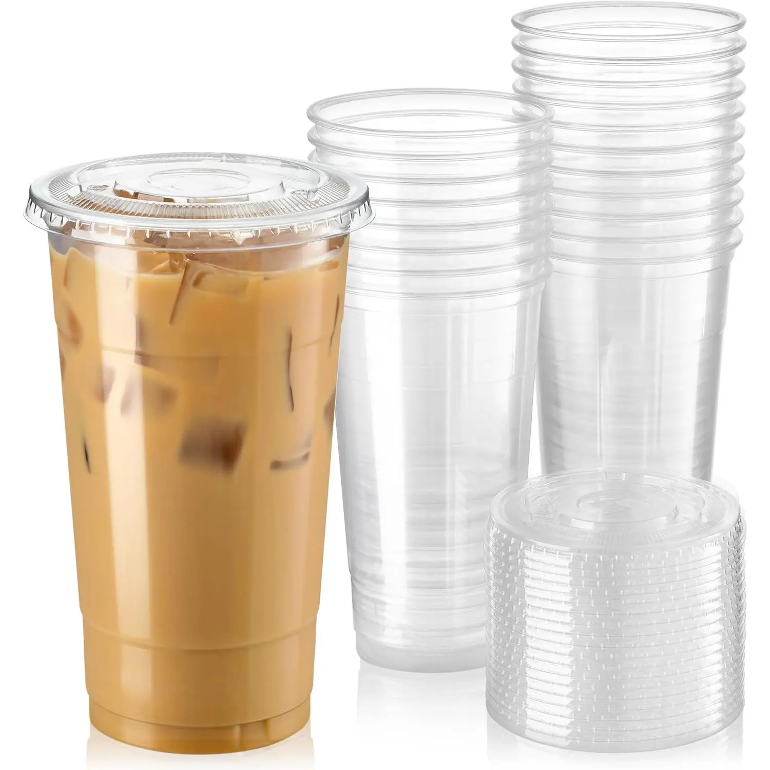50 Pack 32 oz Clear Plastic Cups with Flat Lids, Disposable Iced Coffee Cups, BPA Free Premium Crystal Smoothie Cup for Party, Lemonade Stand, Cold Drinks, Juice, Milkshake